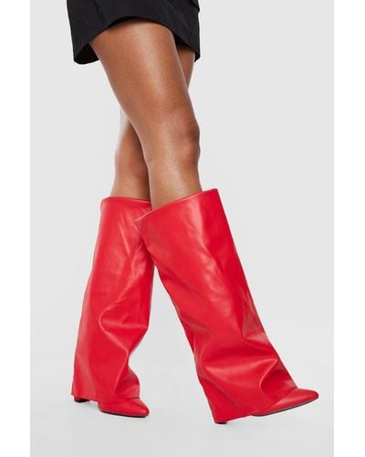 Boohoo Fold Over Heeled Boots - Red