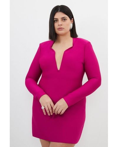 Karen Millen Plus Size Figure Form Bandage Plunge Neck Knit Mini Dress - Pink