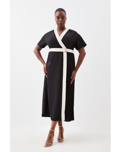 Karen Millen Plus Size Contrast Twill Button Detail Belted Midi Dress. - Black