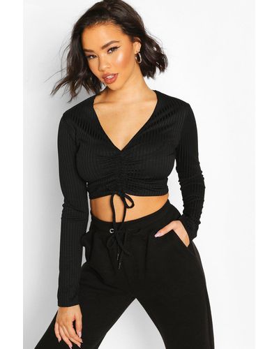 Boohoo Ruched Front Long Sleeve Crop Top - Black