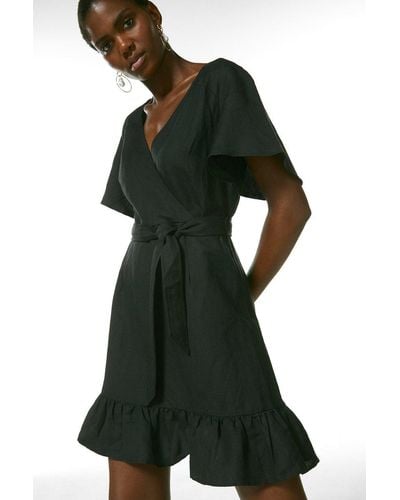 Karen Millen Linen Viscose Woven Angel Sleeve Mini Wrap Dress - Green