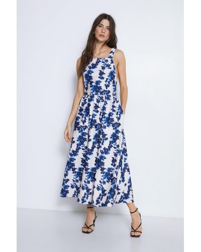 Warehouse Cord Floral Printed Pinafore Midi Dress - Blue