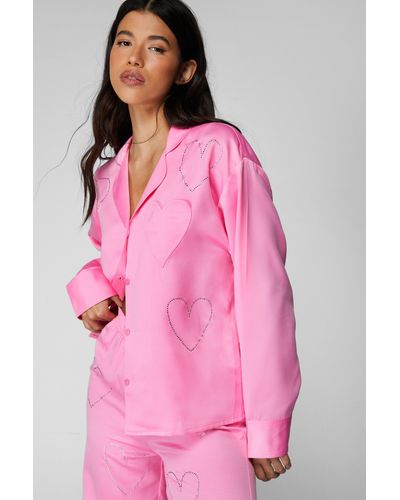 Nasty Gal Premium Heart Diamante Pyjama Bottoms Set - Pink