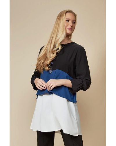 Hoxton Gal Oversized Long Sleeves Crew Neck Colour Block Tunic Top - Blue