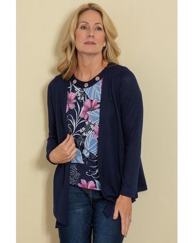 Anna Rose Textured Print Top With Cardigan - Blue