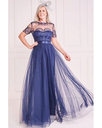 Goddiva Mesh Embroidered Maxi Dress - Blue