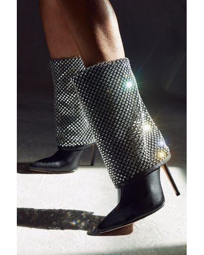 MissPap Diamante Folded Knee High Boots - Black