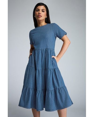 PixieGirl Petite Denim Tiered Midi Dress - Blue