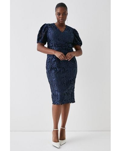 Coast Plus Size Pencil Dress In Satin Lace With Buttons & Tie - Blue