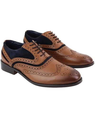 House Of Cavani Mens Retro Oxford Navy Suede Brogue Shoes In Tan Leather - Black