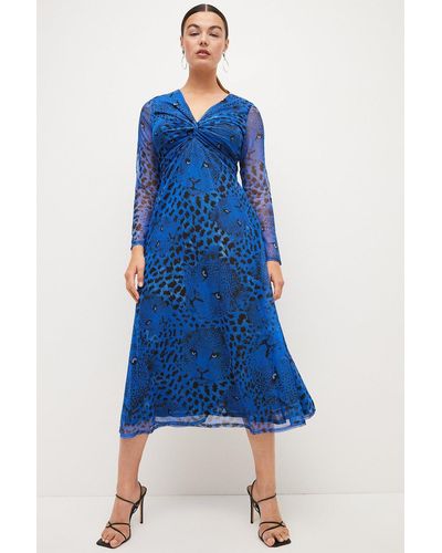 Karen Millen Plus Size Leopard Mesh Jersey Dress - Blue