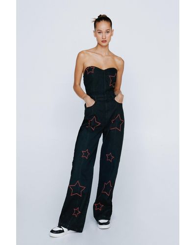 Nasty Gal Petite Embroidered Star Twill Wide Leg Jumpsuit - Blue