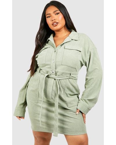 Boohoo Plus Utility Cord Shirt Dress - Green