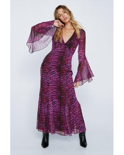 Nasty Gal Animal Print Chiffon Long Sleeve Maxi Dress - Purple