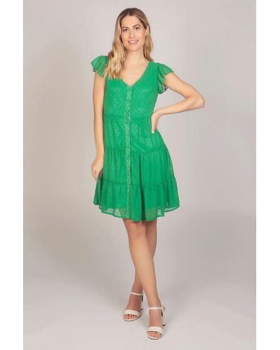 Tenki Short Sleeve Plain Bobble Button Dress - Green