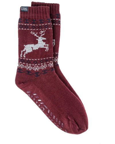 Totes Fairisle Stag Slipper Sock With Sherpa Lining - Red