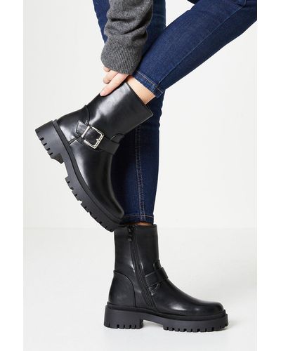 Faith : Kennedy Chunky Buckle Ankle Boots - Black