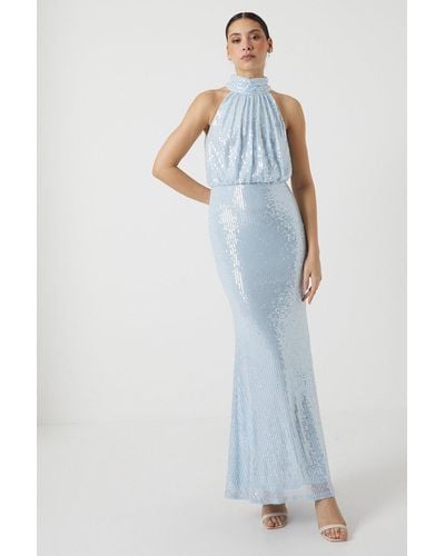 Coast Halter Neck Sheer Sequin Bridesmaids Maxi Dress - Blue