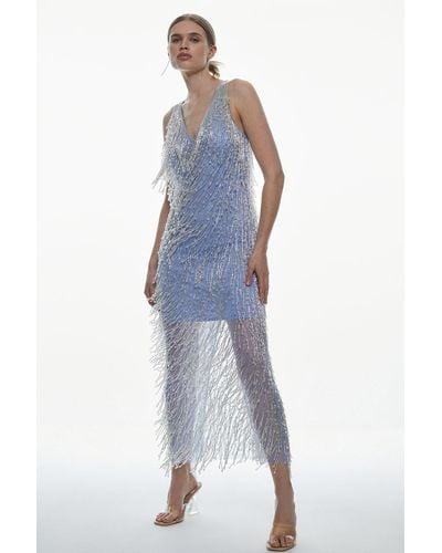 Karen Millen Beaded Fringed V Neck Embellished Maxi Dress - Blue