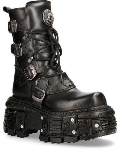 New Rock Unisex Leather Combat Platform Boots - Tank373-s1 - Black