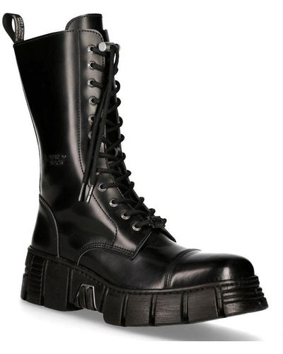 New Rock Leather Mid-calf Tower Biker Boots-m-wall127n-c1 - Black