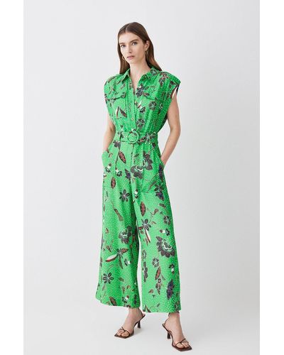Karen Millen Tall Topstitch Floral Batik Premium Linen Viscose Jumpsuit - Green