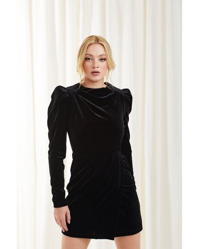 Double Second Shoulder Pad Velvet Dress - Black