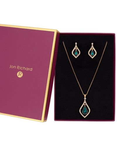 Jon Richard Gold Plated Green Peardrop Pendant Necklace And Earring Set - Gift Boxed