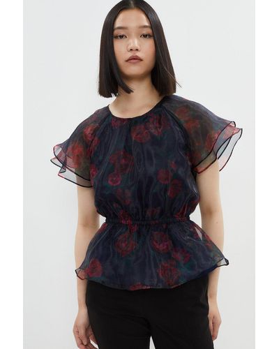 Coast Flute Sleeve Organza Peplum Top - Black