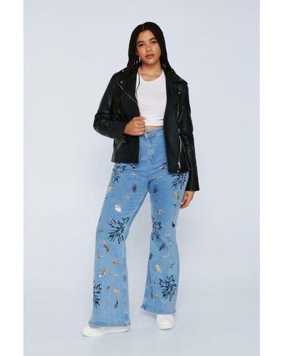 Nasty Gal Plus Size Sequin Embroidered Flare Jean - Blue