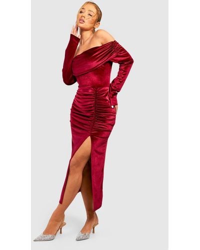 Boohoo Velvet Bardot Bodycon Midaxi Dress - Red