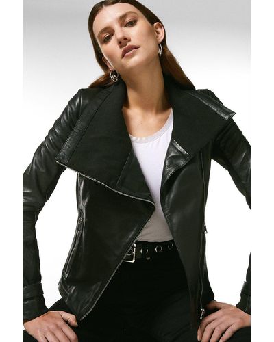 Karen Millen Leather And Knit Envelope Neck Biker Jacket - Black