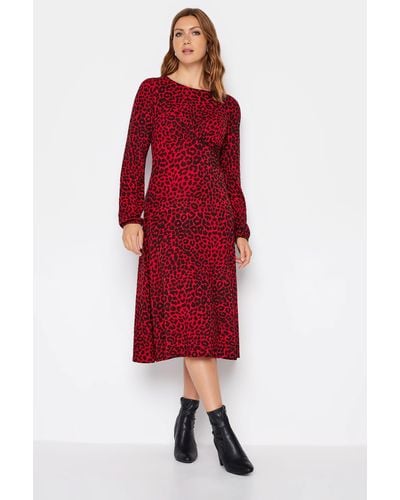 Long Tall Sally Tall Long Sleeve Animal Print Midi Tea Dress - Red