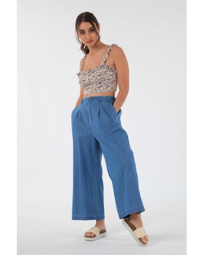 Double Second Chambray Denim Wide Leg Culotte Trousers - Blue