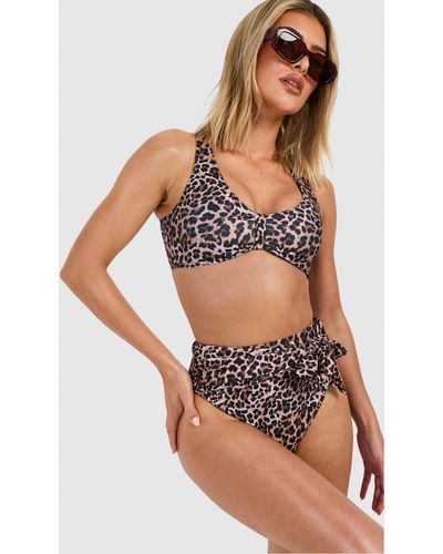 Boohoo Tummy Control Leopard Tie Bikini Set - Brown