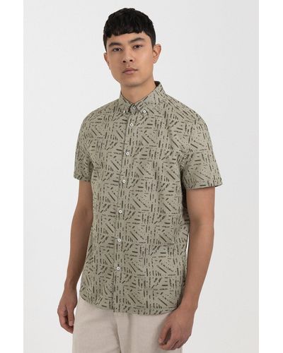 Larsson & Co Sage Abstract Print Linen Blend Short Sleeve Shirt - Green