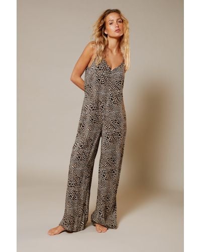 Warehouse Animal Crinkle Slouchy Cover Up Jumpsuit - Black