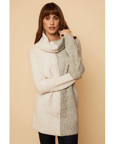 Wallis Cable Knit Pearl Front Contrast Jumper - Natural