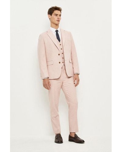 Burton Slim Fit Pink Herringbone Tweed Suit Jacket - Natural