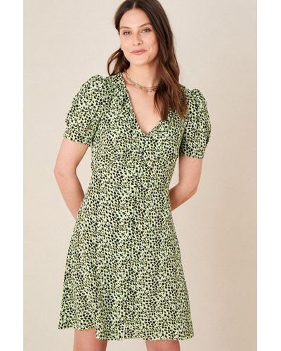 Monsoon Frill Collar Animal Print Dress - Green