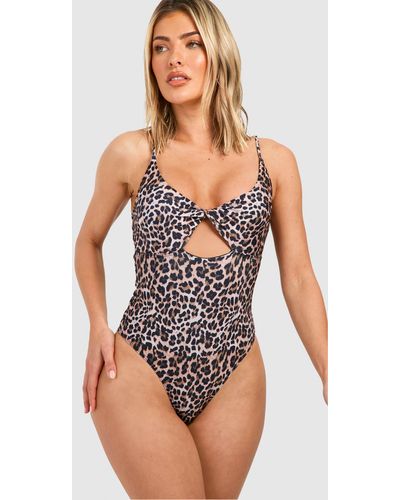 Boohoo Tummy Control Leopard Twist Front Bathing Suit - Brown