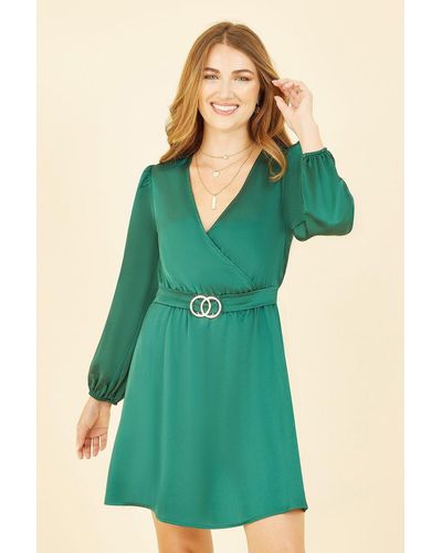 Mela Green Satin Wrap Dress With Long Sleeves And Buckle Waist