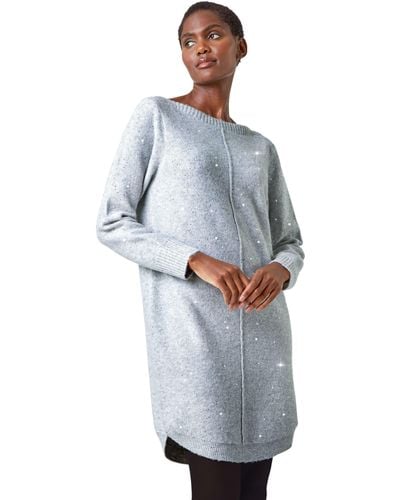 Roman Sequin Embellished Stretch Jumper Dress - Grey