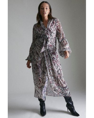 Karen Millen Plus Size Paisley Drama Sleeve Tie Neck Woven Dress - Grey