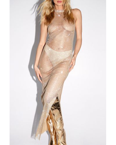 Nasty Gal Diamante Fishnet Halterneck Dress - Natural
