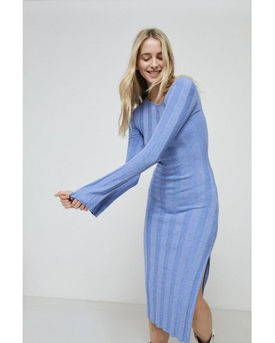 Warehouse Wide Rib Asymmetric Neck Knit Dress - Blue