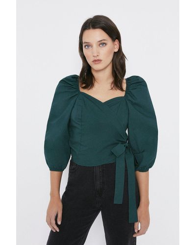 Warehouse Puff Sleeve Wrap Detail Top - Green