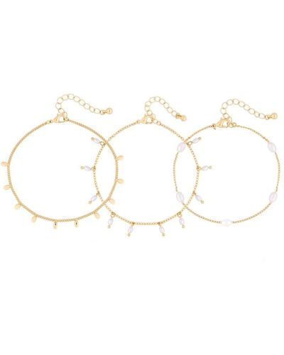 Mood Gold Cream Pearl And Crystal Coastal Anklets - Pack Of 3 - Metallic