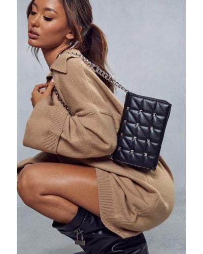 MissPap Leather Look Quilted Studded Shoulder Bag - Black