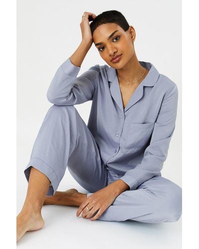 Accessorize Crinkle Satin Button Pyjama Set - Blue